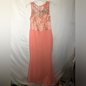 Woman’s Peach Floor Length Dress. Embellished Top. Size L